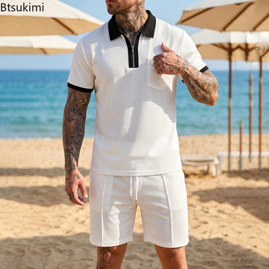Summer Clothing Beach - Mens Waffle Collar Polo Short Sleeved