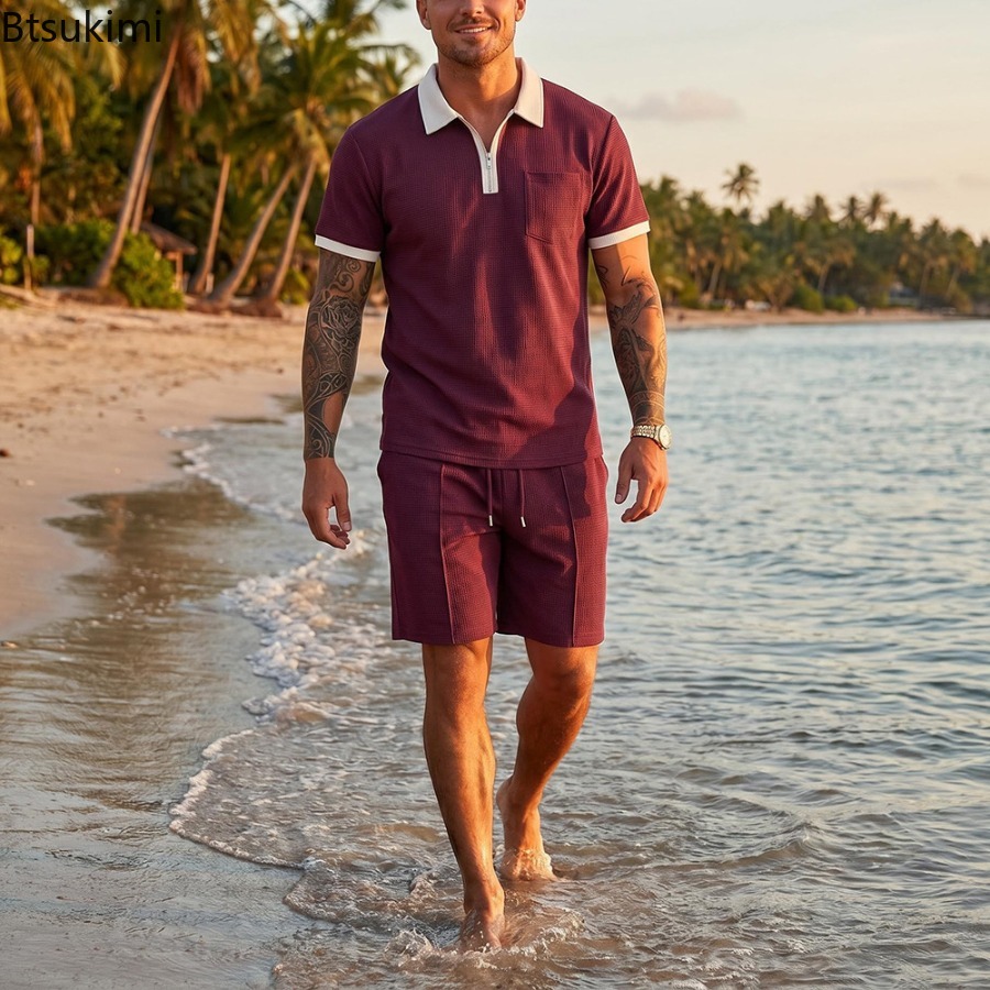 Mens Waffle Collar Polo Short  - Summer Clothing Beach recension och pris